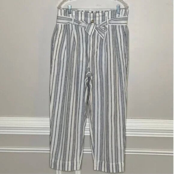 Madewell Women's Linen-Cotton Blend Paperbag Pants in Dark Baltic Stripe Size 12 - Picture 5 of 6